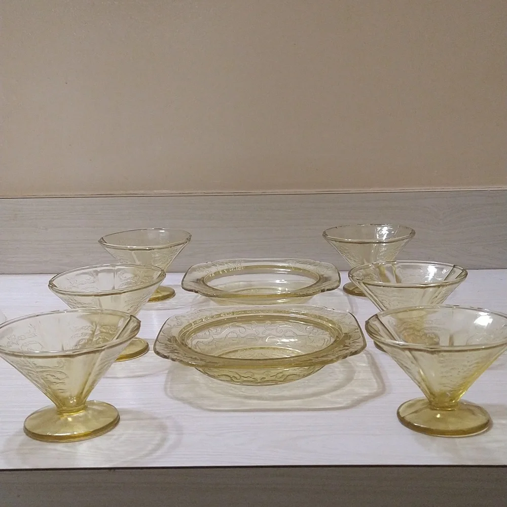 6 Federal Glass Madrid Amber Champagne Sherbet Set w/ 2 Plates Depression Set
